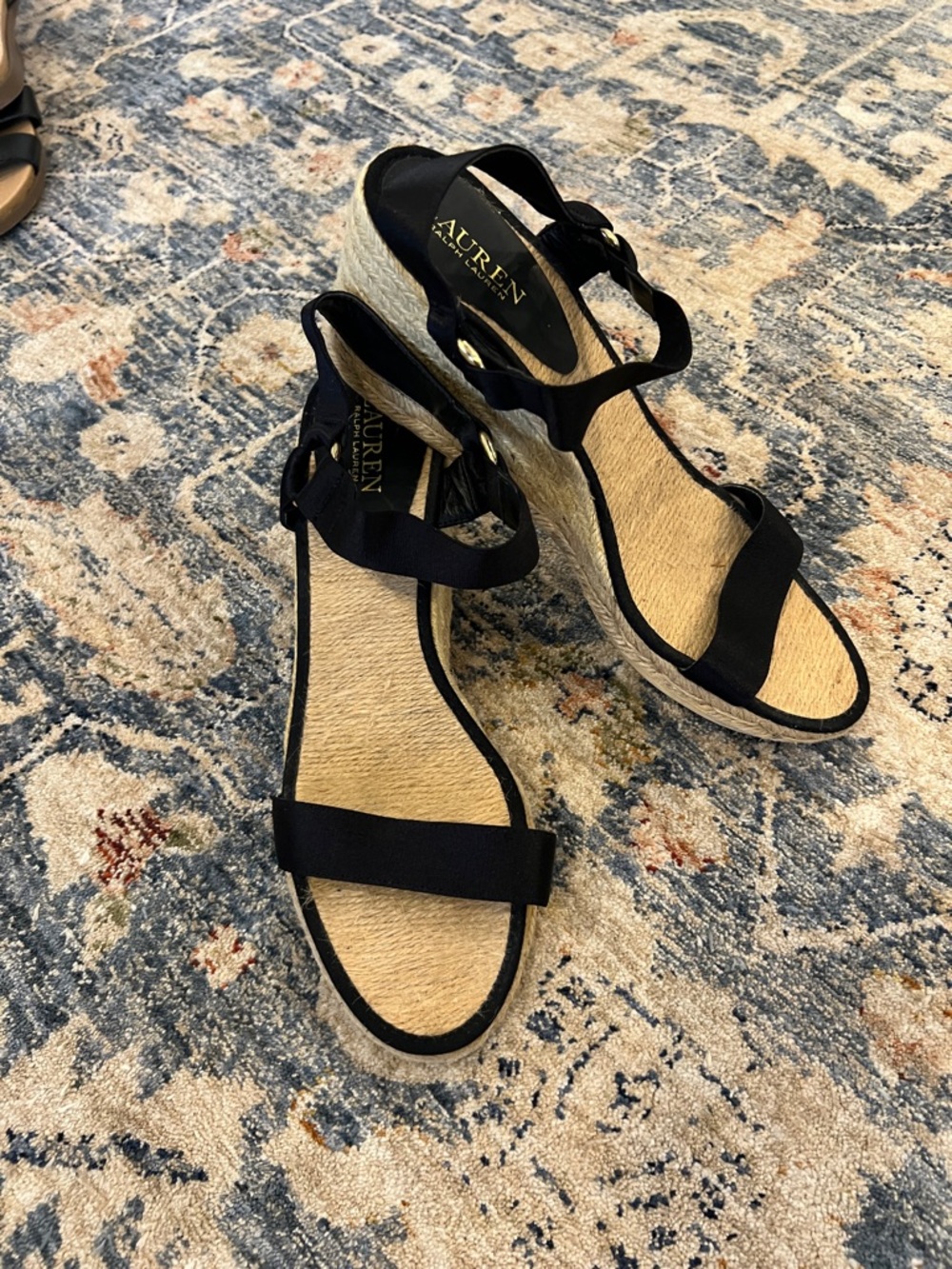Ralph Lauren Black Espadrille Ankle-Strap Wedge Sandals - Picture 7 of 11